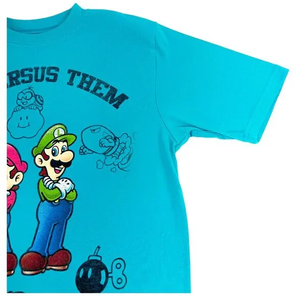 SUPER MARIO-Boy's Blue- Us vs Them- T-Shirt Top-  SIZE XL - Graphic T - Picture 4 of 8